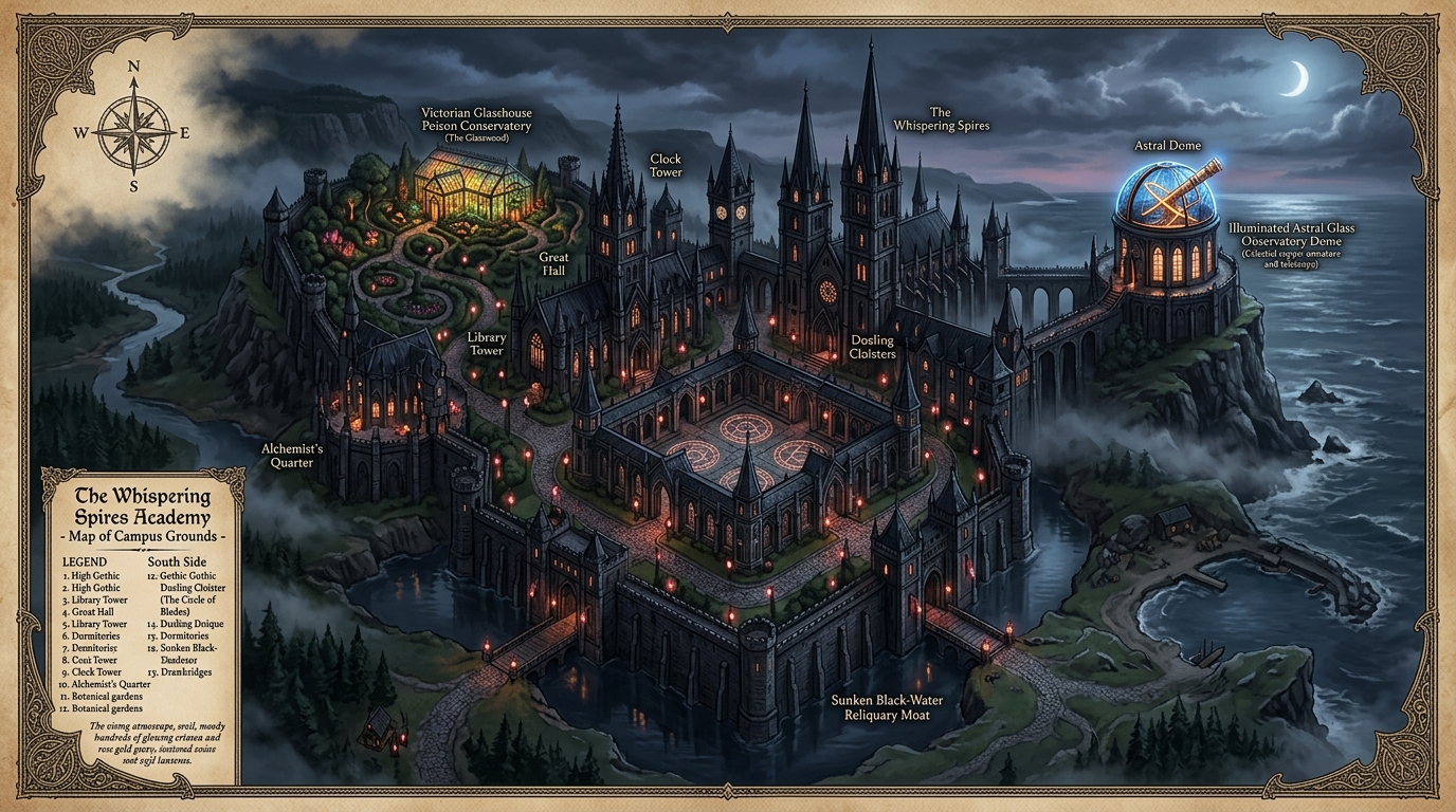 Illustrated Map of The Whispering Spires Academy